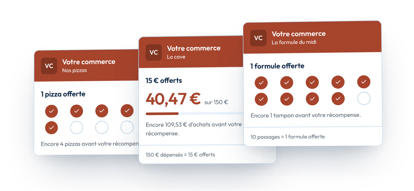 Trois cartes de fidélité d’un même commerce, telles que le client les voit : des tampons, une cagnotte en euros, et la récompense annoncée sur chacune.
